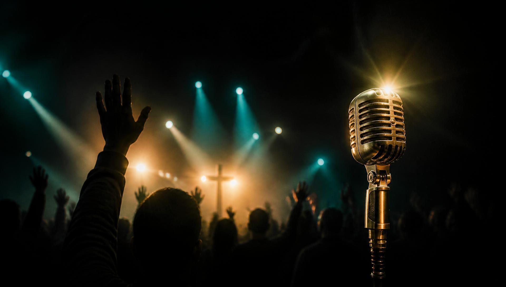 Crowd worshipping under stage lights at Gospel Jamz